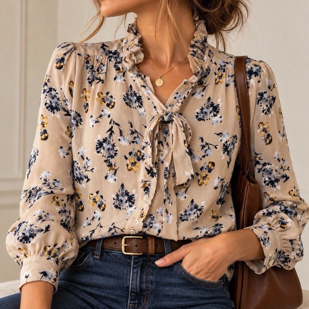 RO&DE Floral Blouse Womens Small Victorian Ruffle Neck Bow Tie Romantic Poet